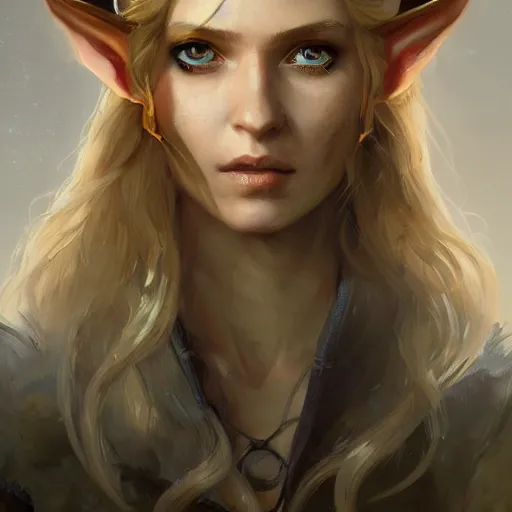 Image similar to A head-on detailed oil portrait of a distinguished elf woman with small curly copper horns, long blonde hair and bright irises, by greg rutkowski, trending on artstation, dungeon and dragons art