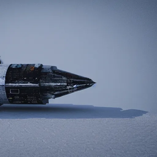 Prompt: small spaceship on an icy mountain, blizzard, 8k, photorealistic