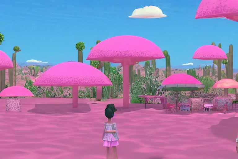 Image similar to desert oasis in a translucent pink casing electronic environment, ps 3 screenshot, still from a kiyoshi kurosawa movie, sanrio core