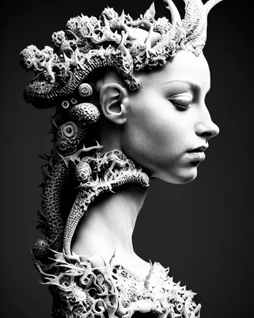 Image similar to dark background, a black and white high quality dreamy photo of a young beautiful female queen-dragon-vegetal-orchid-mineral-cyborg bust with a very long neck and delicate Mandelbrot fractal face, elegant, highly detailed, flesh highly baroque ornate, hair are curled wired cables, elegant, poetic, soft, dreamy, mysterious, high fashion, rim light, in the style of Ellen von Unwerth, Realistic, Refined, Digital Art, Highly Detailed, Cinematic Lighting, rim light, black and white, photo-realistic, 8K