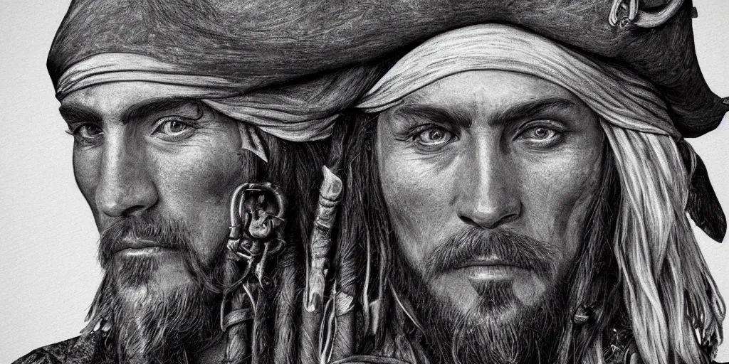 Prompt: realistic portrait of a handsome pirate, 1450, ink, ultra realistic, 8k