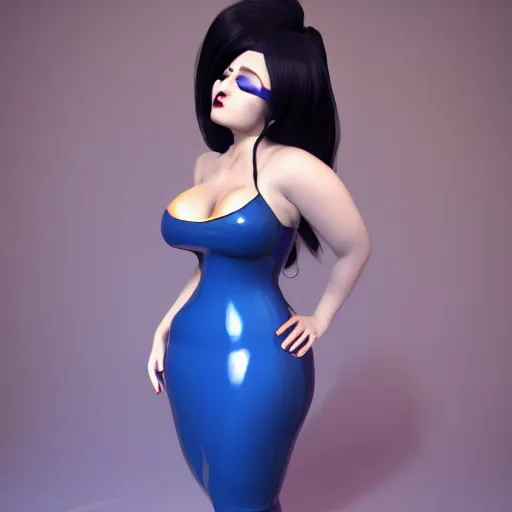 Image similar to curvy feminine hot goth cutie in a sublime elegant polished blue latex neck-high gown with white-golden trim and latex leggings, thin waist, cgsociety, photorealistic, comfy ambience, idealistic, 16k, smooth, sharp focus, trending on ArtStation, volumetric lighting, fully clothed, worksafe