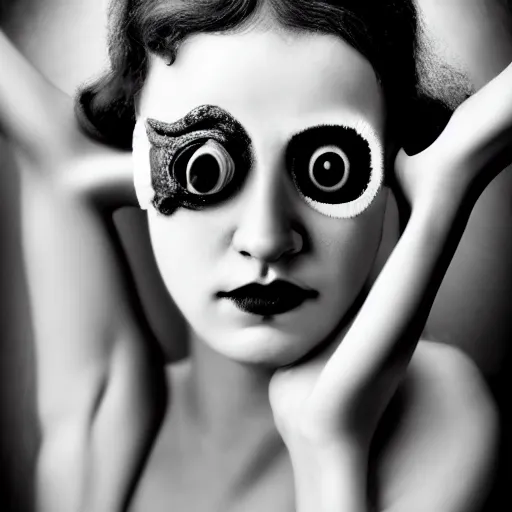 Image similar to old monochrom portrait photography of a beautiful girl with one eye, cyclops, in a victorian decor, by man ray, alfred ghisoland, gemmy woud - binendijk, erwin olaf, 4 k,