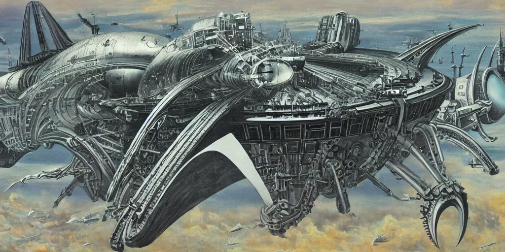 Image similar to atompunk space ship sailing the infinite cosmos, grand scale, raygun gothic style, astrophysics, painting by h. r. giger