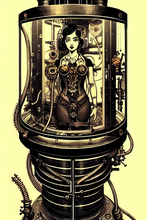 Image similar to steampunk cryo chamber containing an female, high details, intricately detailed, by vincent di fate, inking, 3 color screen print, masterpiece, trending on artstation,, sharp, details, hyper - detailed, hd, 4 k, 8 k