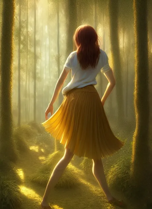 Prompt: young woman walking in skirt : : magic forest mushrooms nature : : weta disney pixar movie still photo : : decadent highly - detailed digital painting, full length shot, golden ratio, octane render, artstation, smooth, sharp focus, artgerm, mucha, loish, wlop, gogo