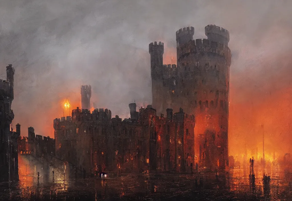 Image similar to windsor castle on fire, artstation, jakub rozalski, high detail, dramatic lighting, night, rain