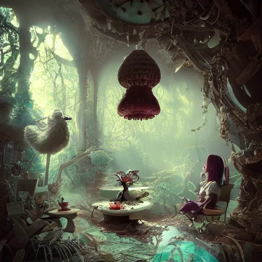 Prompt: alice in wonderland, 3 d, mistic atmosphere, beautifull,, octane render, intricate, hyper detailed, morning light, well rendered