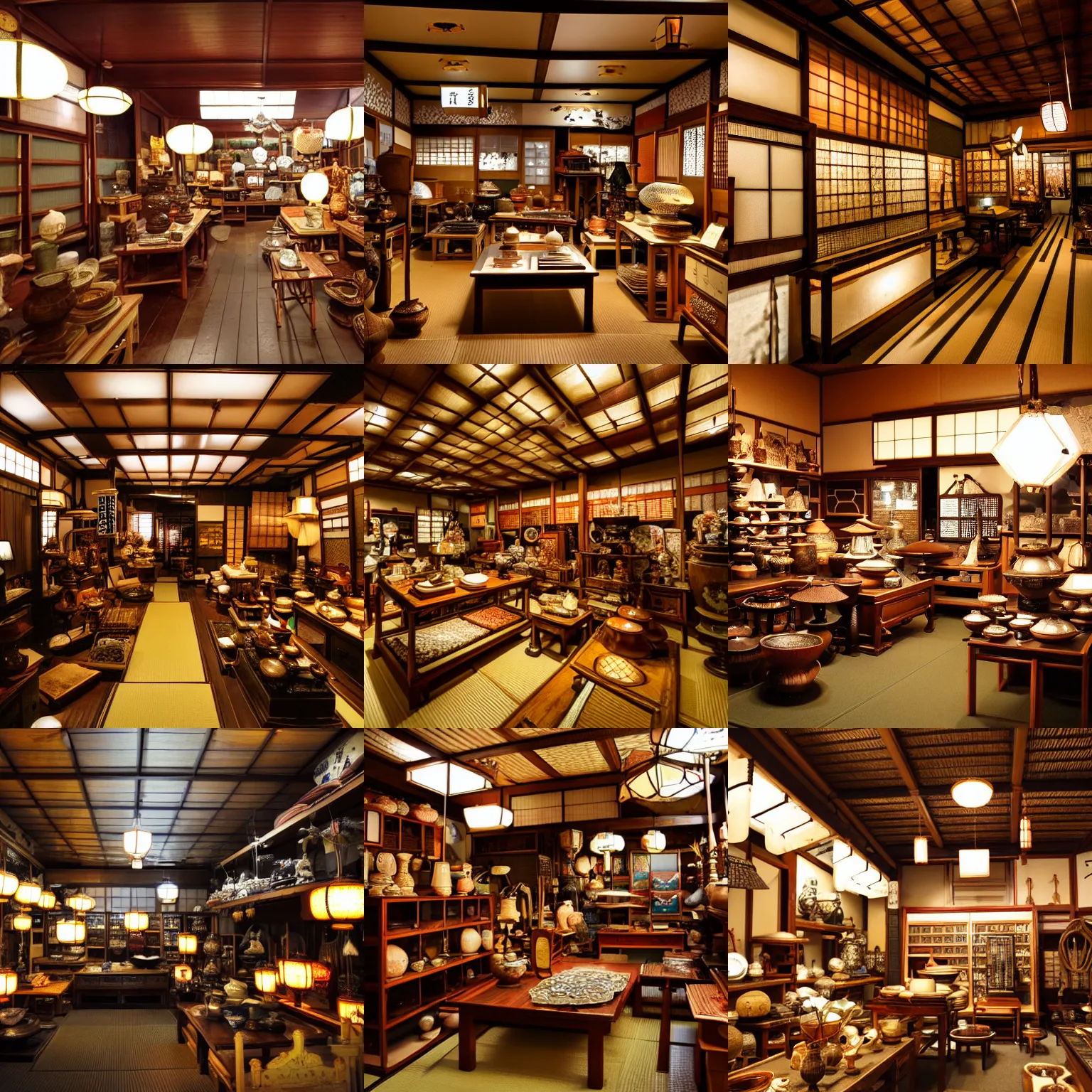 Prompt: interior of a Japanese antique shop, grainy flash photo, highly detailed