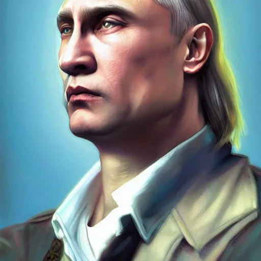 Image similar to Vladimir Putin as Kurk Cobain from Nirvana, portrait, highly detailed, digital painting, artstation, concept art, smooth, sharp focus, illustration, cinematic lighting, art by artgerm and greg rutkowski and alphonse mucha