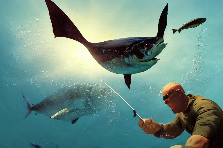 Image similar to incredible screenshot of an underwater diverr, dynamic camera angle, deep 3 point perspective, fish eye, dynamic extreme foreshortening of the giant tuna fish he has speared, , sunlight rays shine through the water illuminating the fish, by phil hale, ashley wood, geoff darrow, james jean, 8k, hd, high resolution print