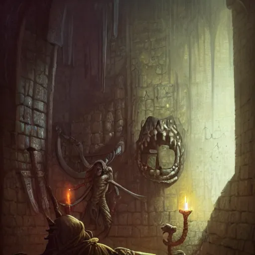 Image similar to beholder in a dungeon, d & d, fantasy, greg rutkowski, frank frazetta, alexandre chaudret, boris vallejo, michael whelan, miro petrov, hr giger, magali villeneuve, donato giancola