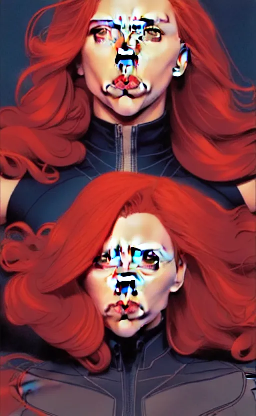 Image similar to rafeal albuquerque comic art, joshua middleton comic art, artgerm, cinematics lighting, night time, pretty scarlett johansson black widow, big smirk, symmetrical face, symmetrical eyes, long red hair, full symmetrical body, flying in the air, jumping off rooftop