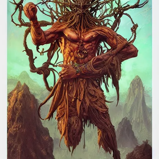 Image similar to treebeard as dhalsim from street fighter, 4 k, ultra realistic, detailed focused art by artgerm and greg rutkowski and alphonse mucha