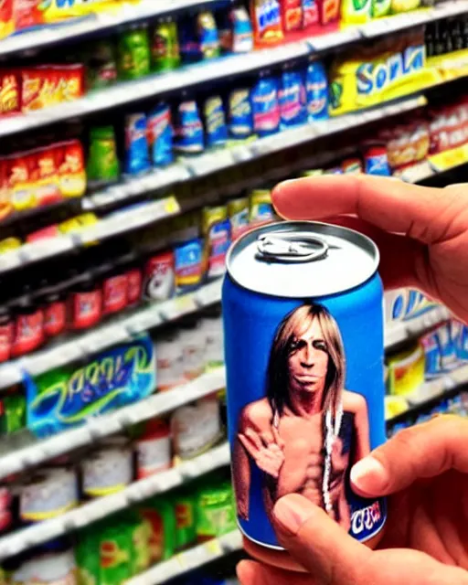 Image similar to a hand holding a soda can with iggy pop's face on the label, inside a supermarket