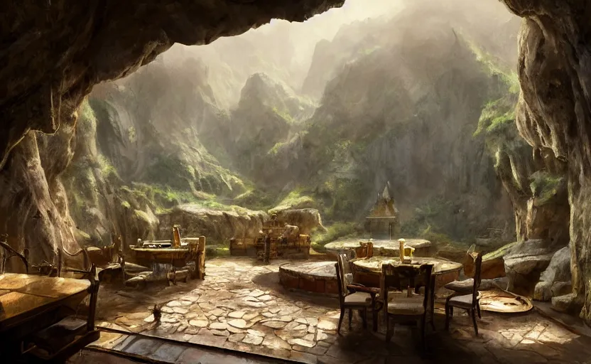 Image similar to painting of a series of living quarters overlooking communal area of a hidden, cozy ring - shaped complex carved inside a mountain, overlooking the great room, well maintained, clean, medieval, fantasy genre, natural light, fantasy, natural light, concept art, by greg rutkowski and craig mullins, cozy atmospheric and cinematic lighting, trending on artstation