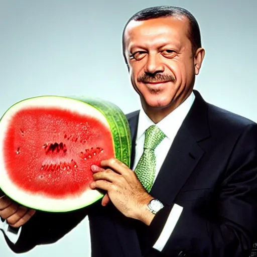 Prompt: recep tayyip erdogan smiling holding watermelon for a 1 9 9 0 s sitcom tv show, studio photograph, portrait