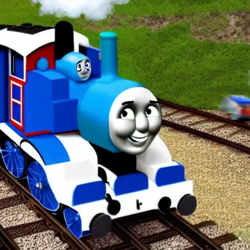 Prompt: hyper detailed photo realistic thomas the tank engine with a white face going fast