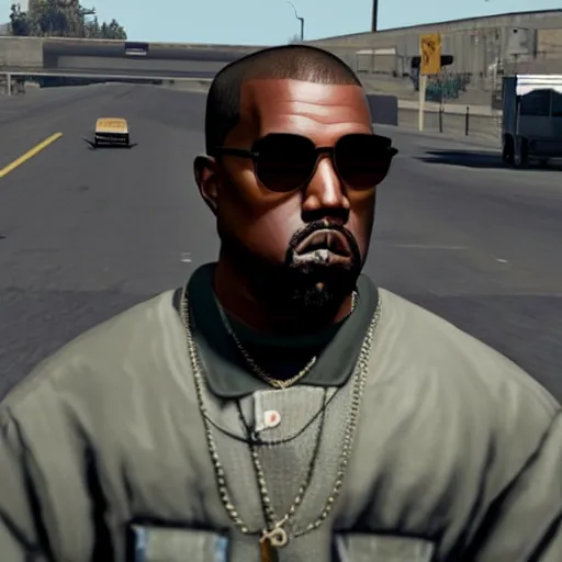 Prompt: kanye west in gta v, he is standing on a podest