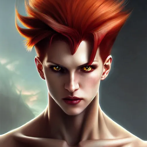 Prompt: portrait of hisoka morow hunter hunter, male, extremely sharp jaw yellow eyes narrow almond eyes sultry eyes red hair soft bunched hair swept back crimson medium length hair, anime, fantasy, intricate, elegant, highly detailed, digital painting, artstation sharp focus, madonna bowie art by artgerm and greg rutkowski and alphonse mucha