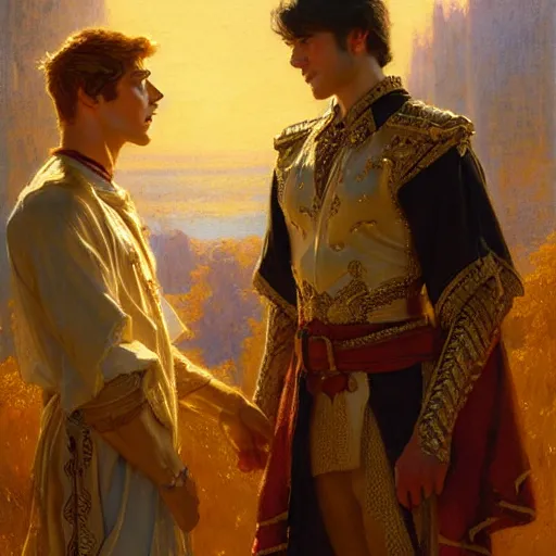 Image similar to attractive fully clothed king confesses his love for his attractive fully clothed male prince. highly detailed painting by gaston bussiere, craig mullins, j. c. leyendecker 8 k