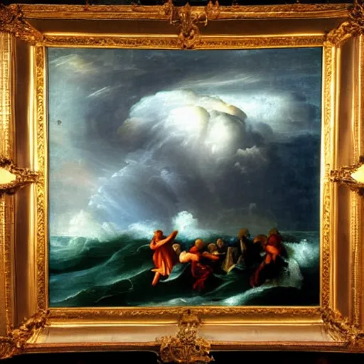 Prompt: a stormy ocean with beautiful clouds. famous renaissance oil painting. beautiful composition.