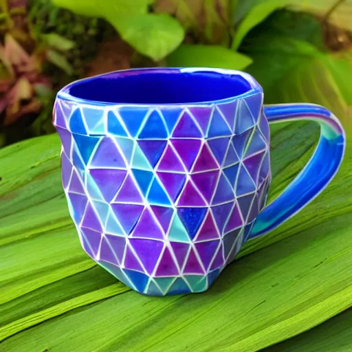 Prompt: brightly colored dodecahedron ceramic mug with iridescent glaze