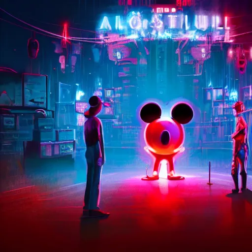 Image similar to a group of people standing around a giant bloody mickey mouse, cyberpunk art by david lachapelle, cgsociety, dystopian art by industrial light and magic, netflix neon logo concept art, neons, interior