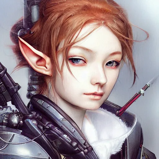 Image similar to portrait of an elf girl by ayami kojima, she is about 2 0 years old, mixture between british and japanese and she is wearing a modern tactical gear, scifi, highly detailed portrait, digital painting, artstation, concept art, smooth, sharp foccus ilustration, artstation hq