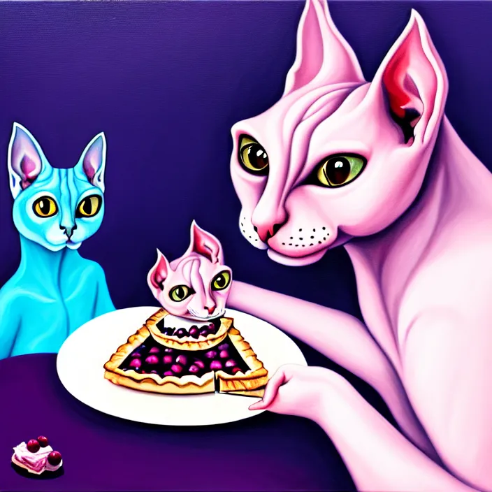 Image similar to an anthropomorphic sphynx cat fursona with big eyes eating a slice of blueberry pie, furry art, cute, oil on canvas, soft lighting