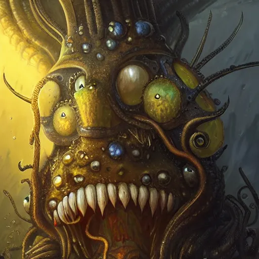 Prompt: portrait of SpongeBob as a large Lovecraftian monster, fantasy, intricate, elegant, highly detailed, digital painting, artstation, concept art, smooth, sharp focus, illustration, art by artgerm and greg rutkowski