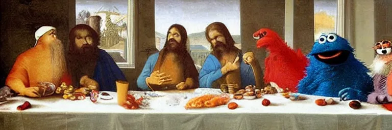 Prompt: the last supper on sesame street and cookie monster eating colorful food. art by hieronymus bosch