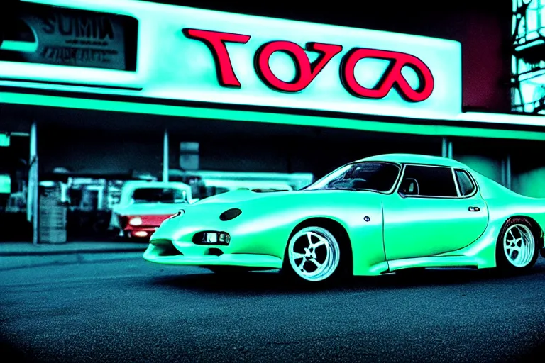 Prompt: 1 9 5 5 toyota supra thick neon lights, ektachrome photograph, volumetric lighting, f 8 aperture, cinematic eastman 5 3 8 4 film