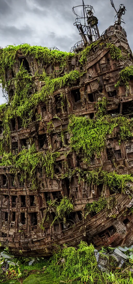 Image similar to a wrecked pirate ship in the middle of the city, overgrown, very detailed, intricate, mossy, pirates of the Caribbean, dramatic lighting