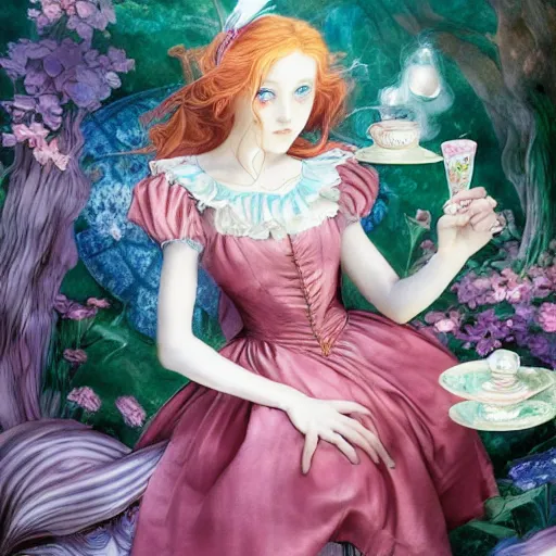 Prompt: Alice in Wonderland and the Mad Hatter, in the style of Japanese shoujo manga, inspired by pre-raphaelite paintings, mc Escher, John Singer Sargent, and Möbius, features marbled patterns, candles, lanterns, fungi, ethereal, playful, whimsical, gossamer lace and tulle, ethereal atmosphere, dramatic light, 4K shot, hyper detailed digital art