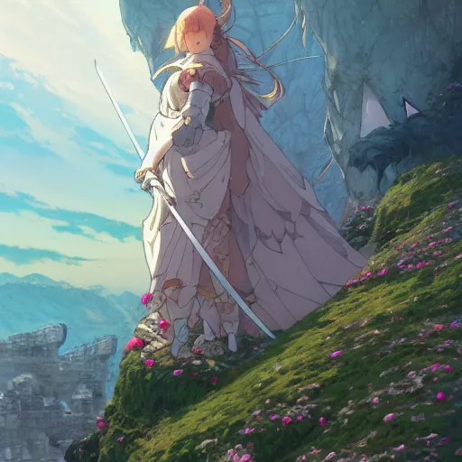 Image similar to the knight and the sword of rose petal, anime, castle core, mountains, rocky roads. by hayao miyazaki and rossdraws and artgerm and greg rutkowski and alphonse mucha and studio ghibli and ilya kuvshinov. high quality, stunning, intricate detailed environment. 8 k