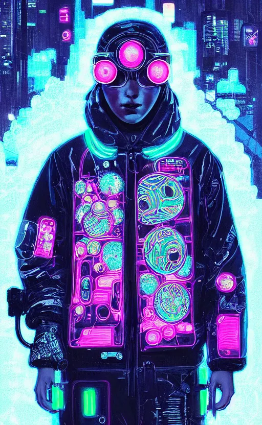 Image similar to detailed portrait Quest Love Neon Operator, cyberpunk futuristic neon, reflective puffy coat, decorated with traditional Japanese ornaments by Ismail inceoglu dragan bibin hans thoma !dream detailed portrait Neon Operator Girl, cyberpunk futuristic neon, reflective puffy coat, decorated with traditional Japanese ornaments by Ismail inceoglu dragan bibin hans thoma greg rutkowski Alexandros Pyromallis Nekro Rene Maritte Illustrated, Perfect face, fine details, realistic shaded, fine-face, pretty face