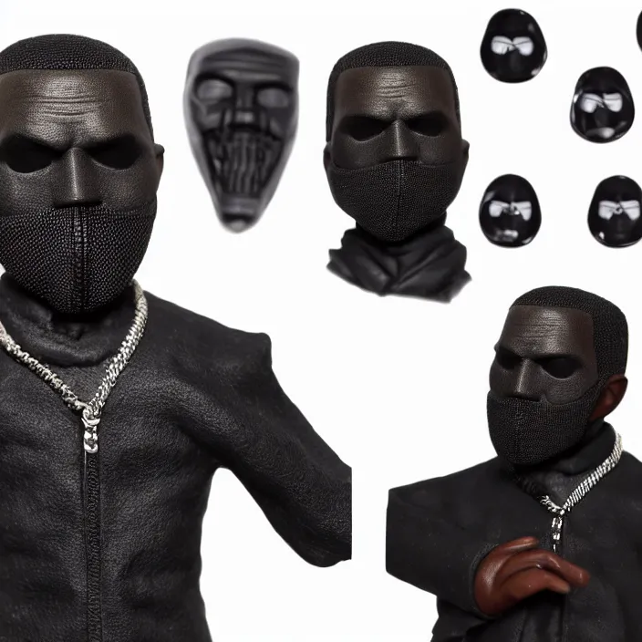 Image similar to kanye west using a black mask with small holes, all black clothes and a black bullet proof vest, a goodsmile figure of kanye west, figurine, detailed product photo