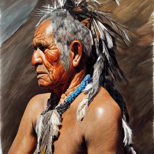 Image similar to high quality high detail painting by lucian freud, hd, side view portrait of a indigenous tribe leader, photorealistic lighting