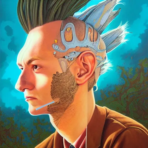 Image similar to lucky mohawk projector portrait by gaston bussierre and charles vess and james jean and erik jones and rhads, inspired by rick and morty, epic, funny, huge scale, beautiful fine face features, intricate high details, sharp, ultradetailed