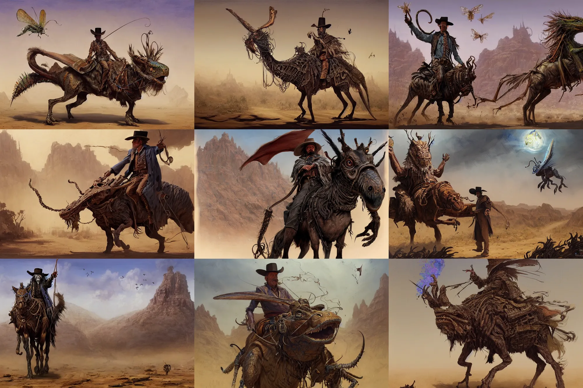 Prompt: A very highly detailed wild west magical sorcerer wizard with a very highly detailed face with spellbooks and potions riding on a very higly detailed large grasshopper!! with segmented legs on the street of a wild west town digital rational painting art by Greg Rutkowski, magic fantasy highly detailed, digital concept art, sharp focus, realistic concept art by Stephen Hickman and James Gurney and Hiromasa Ogura Ghost in the Shell rendered in Octane Render, From the distance