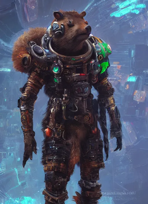 Image similar to detailed full body concept art illustration oil painting of an anthropomorphic capybara space pirate in full intricate armor, biomutant, dystopian, ultra detailed, digital art, octane render