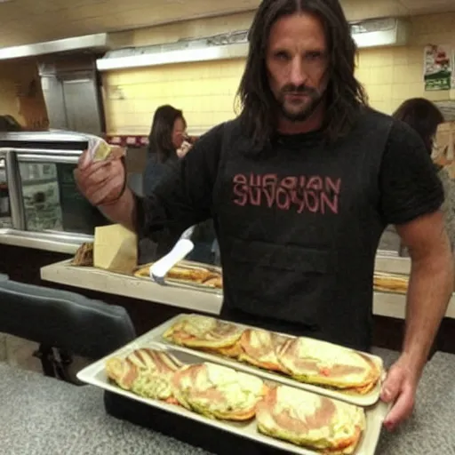 Image similar to aragorn working at subway making sandwiches