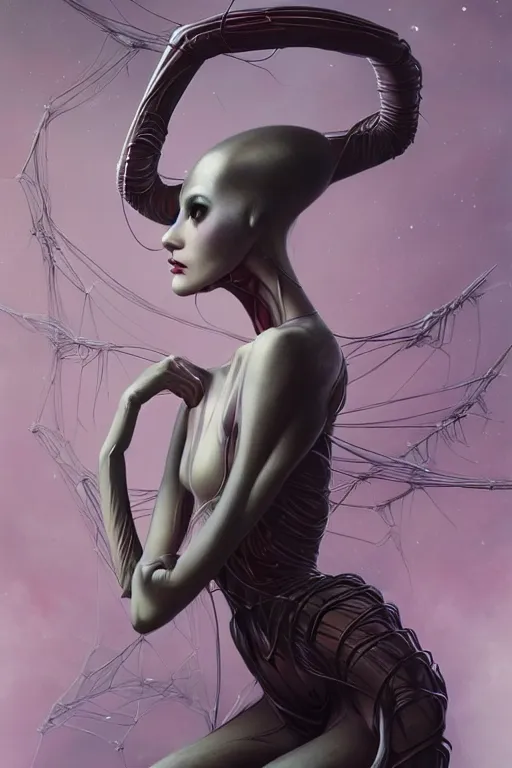 Image similar to portrait of an elegant alien spider queen, long legs, many legs, spindly legs, by artgerm, tom bagshaw, gerald brom, vaporwave colors, lo - fi colors, vaporwave, lo - fi, moody vibe, goth vibe, 4 k, hd,