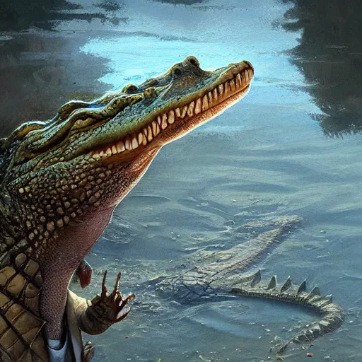 Prompt: an alligator, wearing a vest, wlop, greg rutkowski