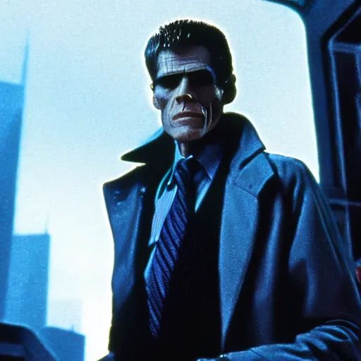 Prompt: william dafoe starring in a cyberpunk story in a distopic futuristic city in the style of bladerunner, movie still, highly detailed