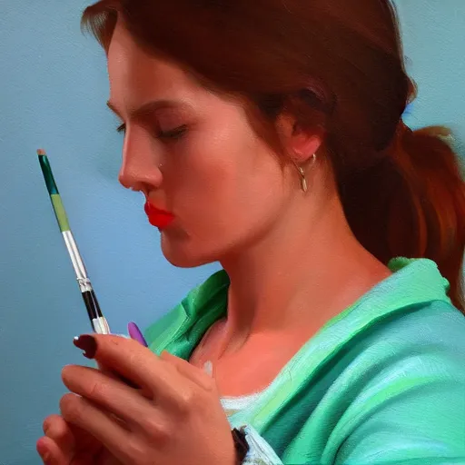 Prompt: realistic Portrait painting of polite woman smoking weed, made by Michaelangelo, physical painting, Sharp focus,digital art, bright colors,fine art, trending on Artstation, unreal engine.