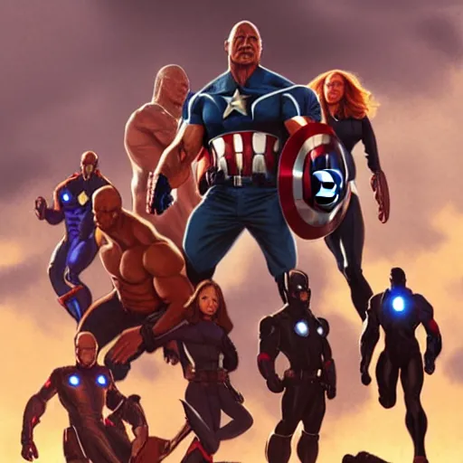 Image similar to A group photo of the Avengers but it's all Dwayne Johnson, western, cinematic shots, fantasy, intricate, elegant, highly detailed, digital painting, artstation, concept art, matte, sharp focus, illustration, art by Artgerm and Greg Rutkowski and Alphonse Mucha