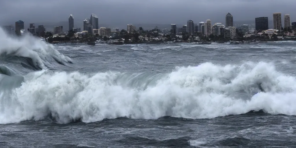 Image similar to tsunami over San Diego, Dramatic, realistic, perspective,