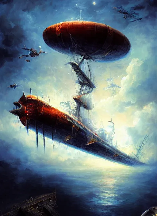 Prompt: necro airship pirate ships 1 7 0 0's soaring in a cosmic spender painted by raymond swanland